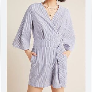 Anthropologie Blue and White Wrap Jumpsuit with Bell Sleeves